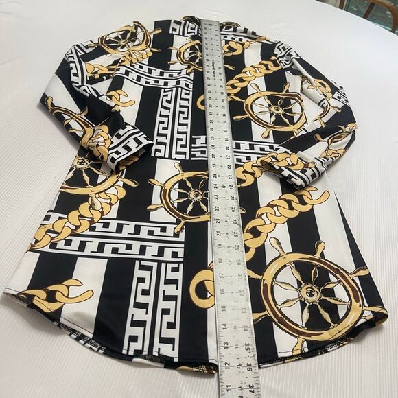 Nautical Black White Gold Ship Wheel Chain Printed Vintage Dress Size Medium - Picture 5 of 5